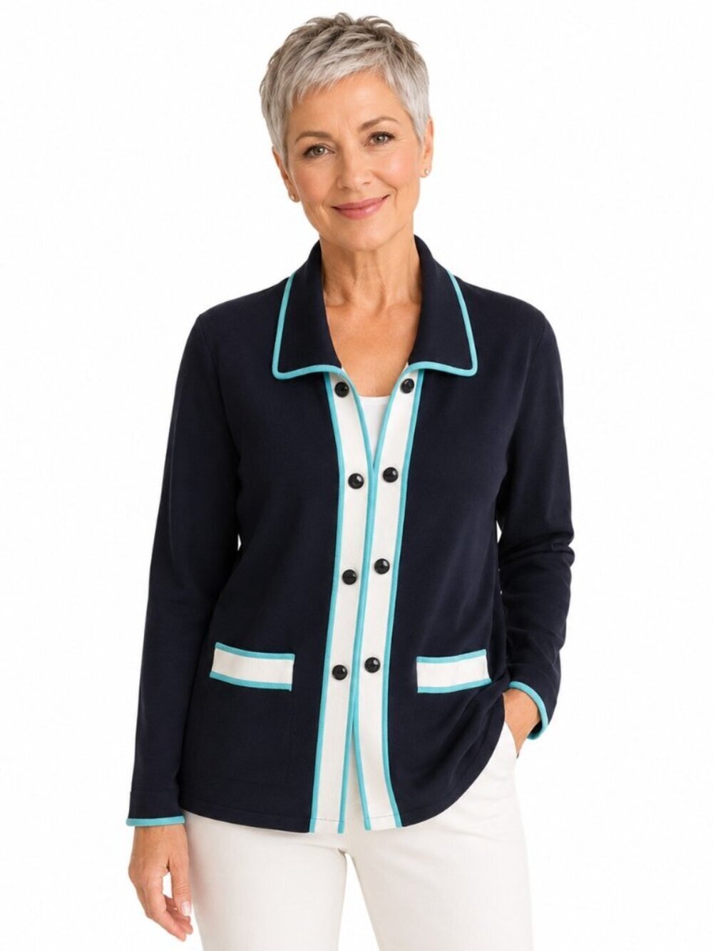 Vintage Misook Black Blue White Stripe Trim Knit Cardigan